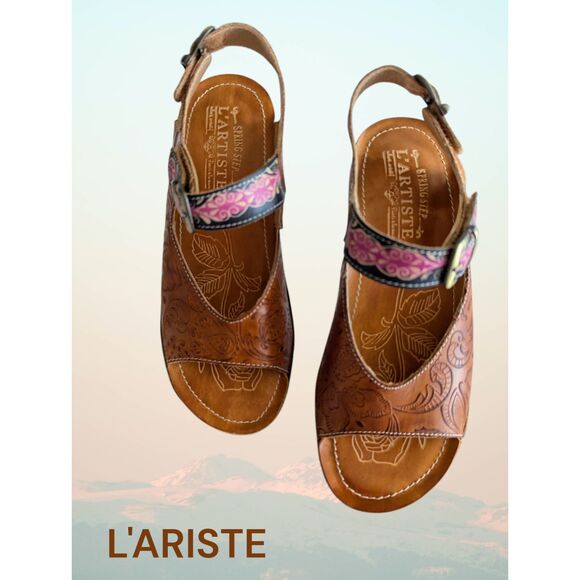 L' Artiste by Spring Step Teddy Leather Wedge Sandals Sz 37 - Picture 7 of 11